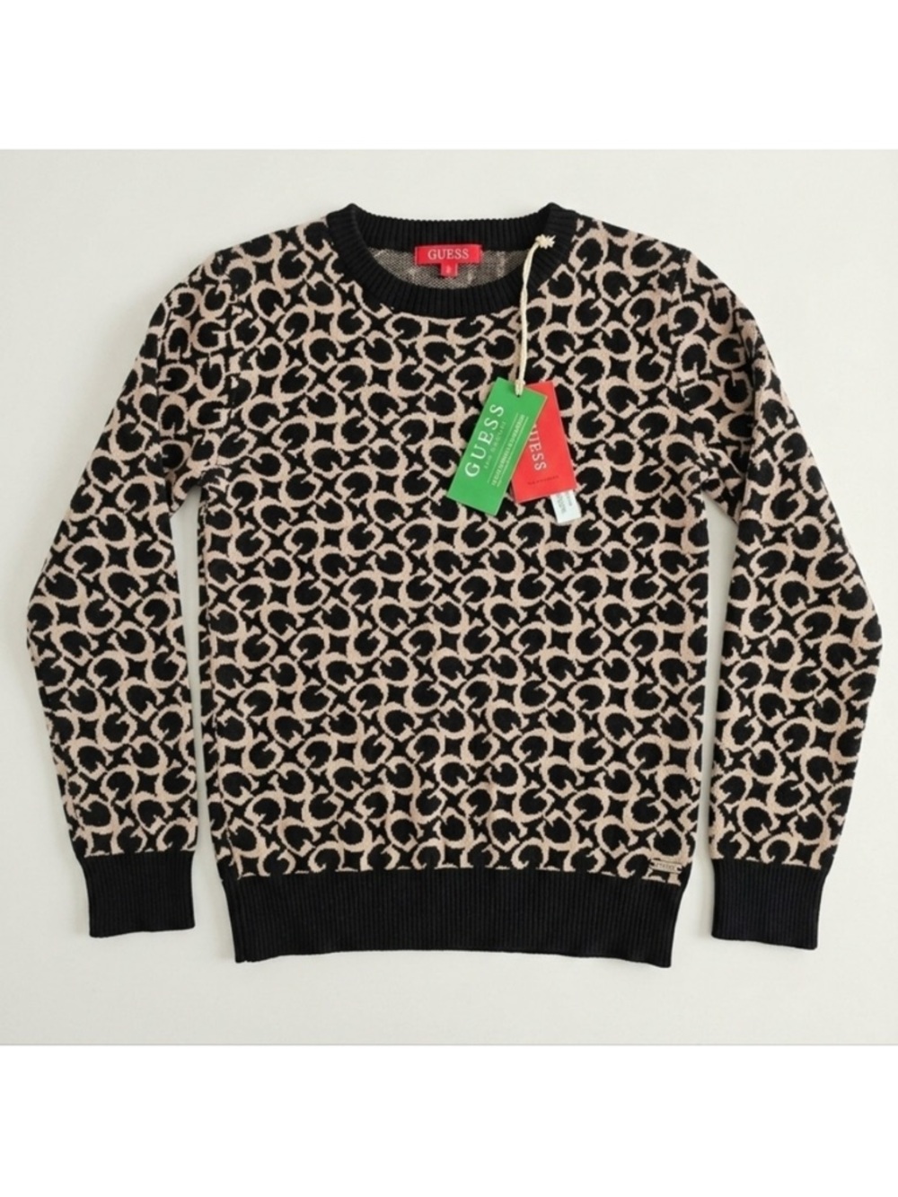 GUESS Black & Beige All-Over Logo Crewneck Sweater